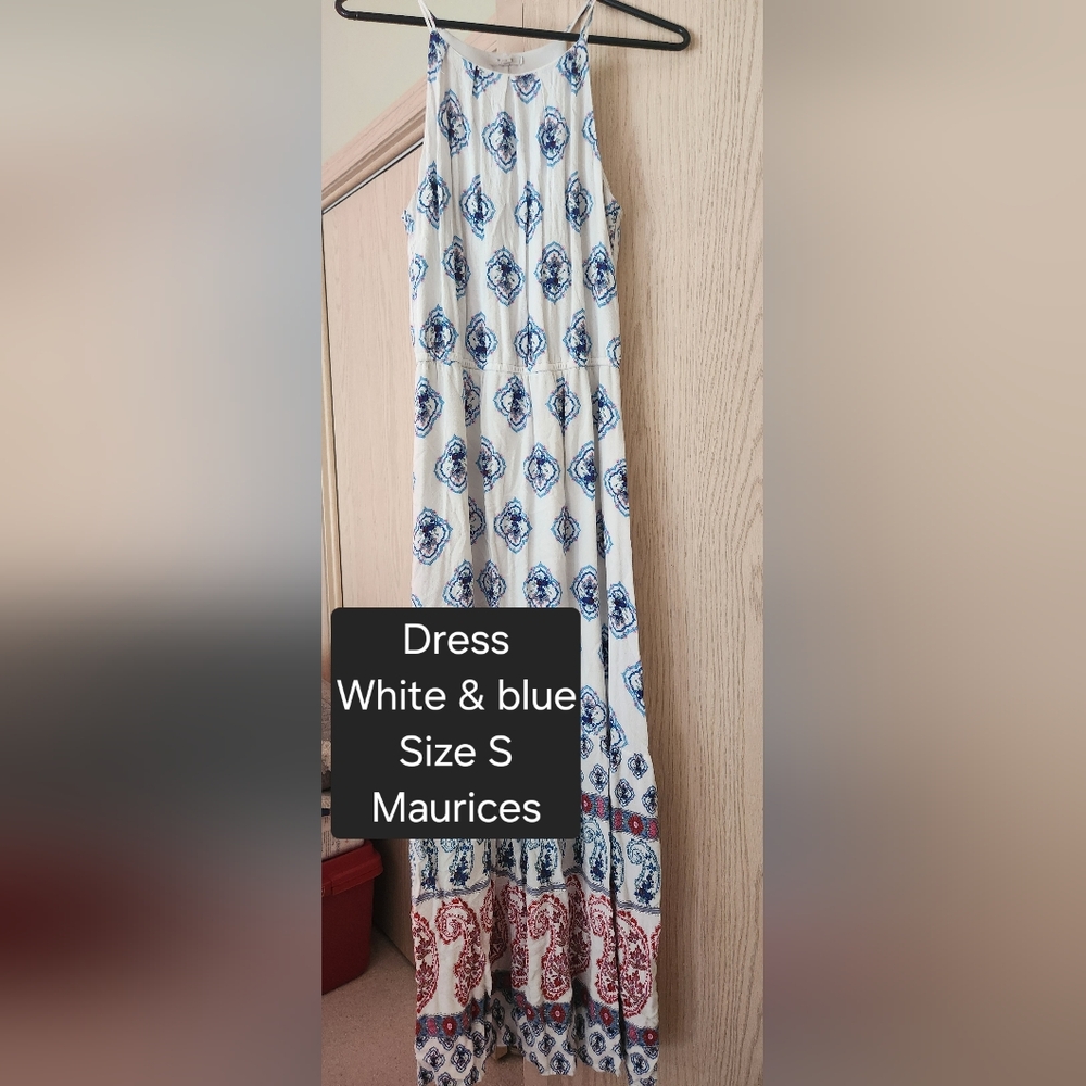 Maurices White and Blue Maxi Dress with Red Accents